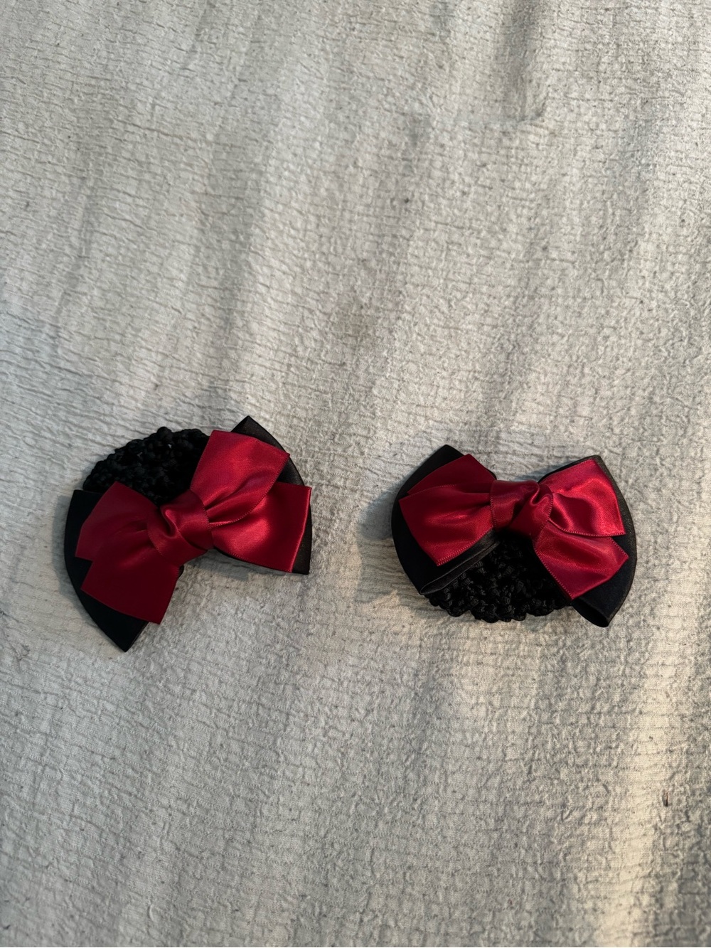 Black Hair Nets Snood Clips with Red Satin Bows - Pair